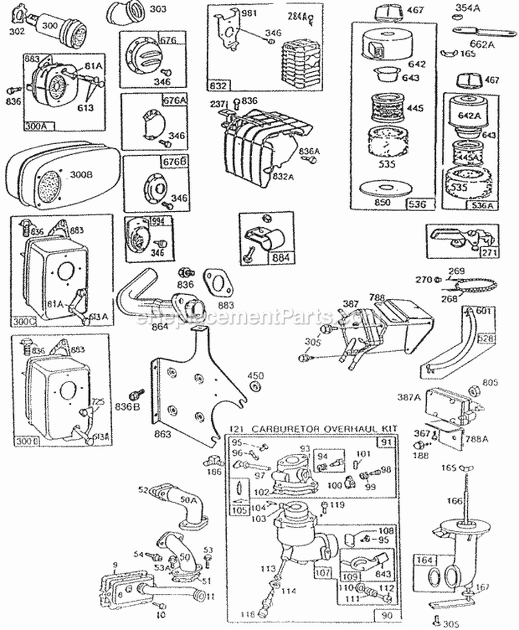 Mufflers Carburetor AC Grps Diagram and Parts List for 195432-0830-99  Briggs and Stratton Engine
